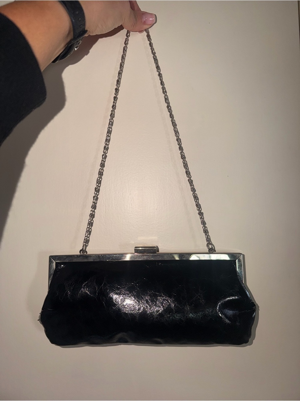 Style & Co. Black Patent Frame Clutch with Detachable Chain Strap